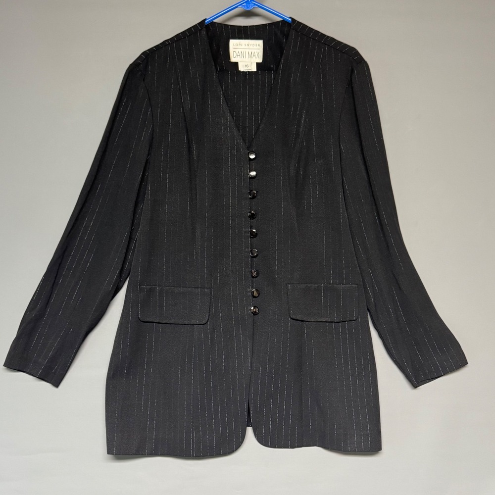 Lois Snyder Dani Max Womens 16 Black Silver Pinstripe 2‎ Piece Pant Suit Set